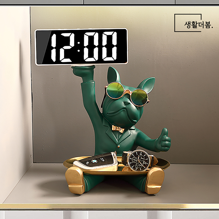 생활더봄 불독 인테리어 장식 차키 트레이 LED 시계 차키보관함 4color