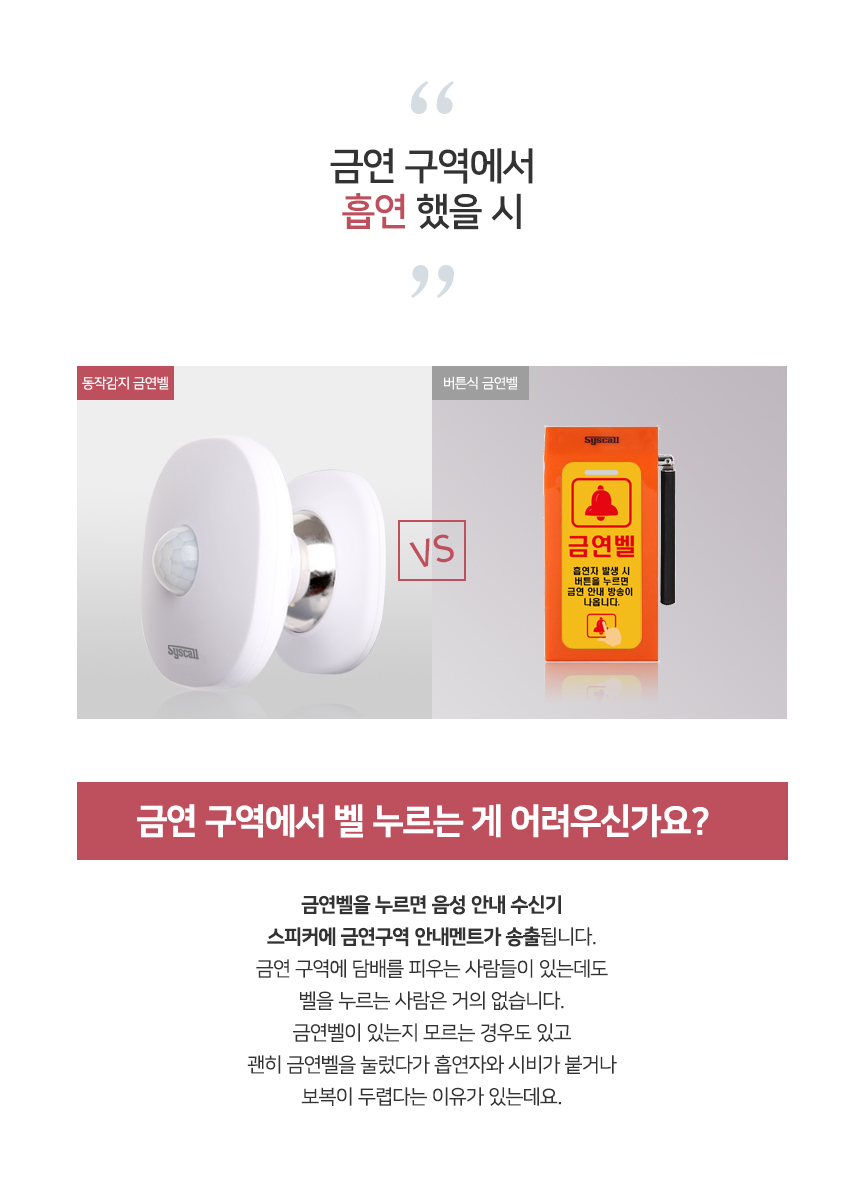 금연벨 동작감지기 무선센서 금연구역 알림 아파트 공공장소 안내방송 음성 수신기+센서벨1-벨시스