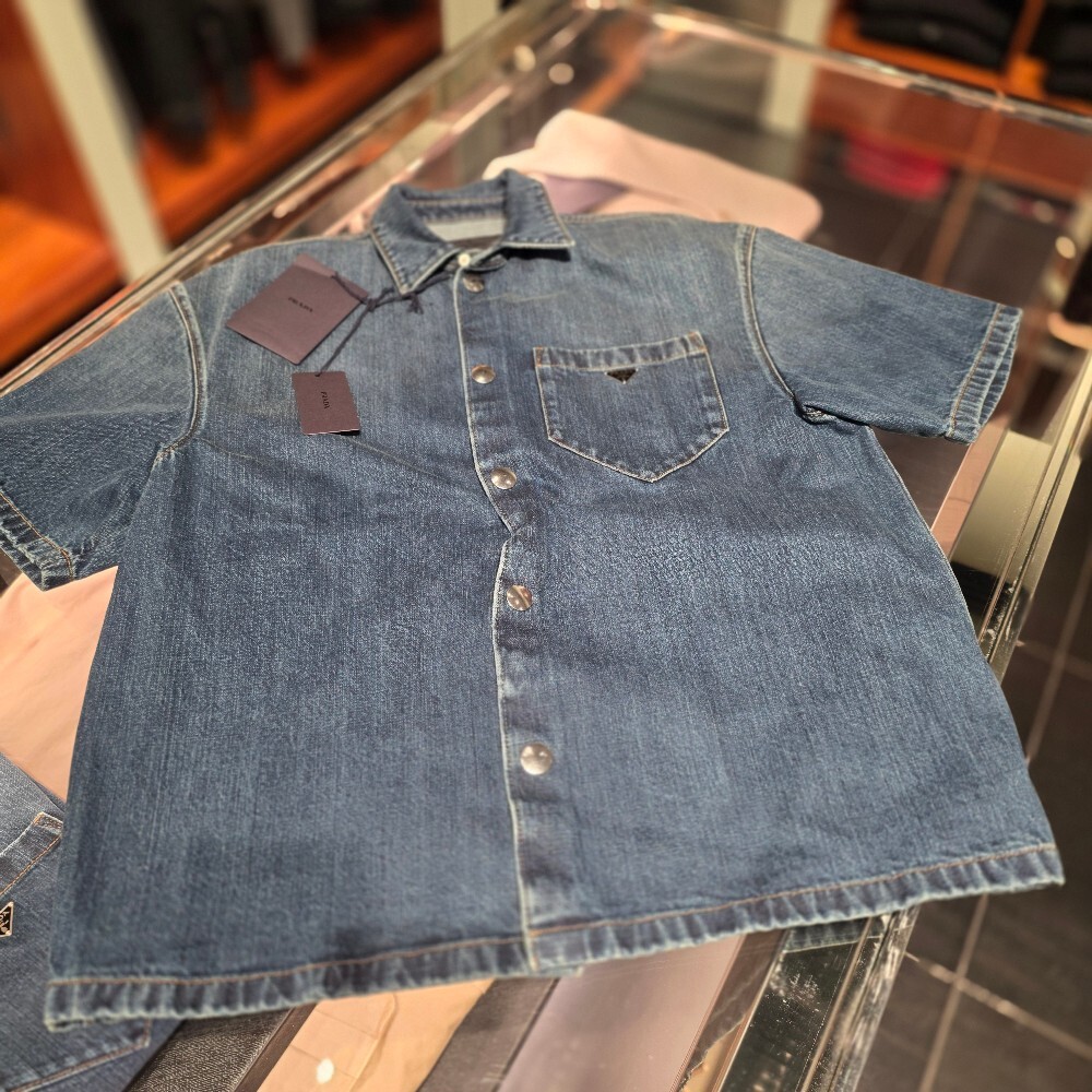 프라다 삼각로고 데님 반팔 셔츠 GEC067