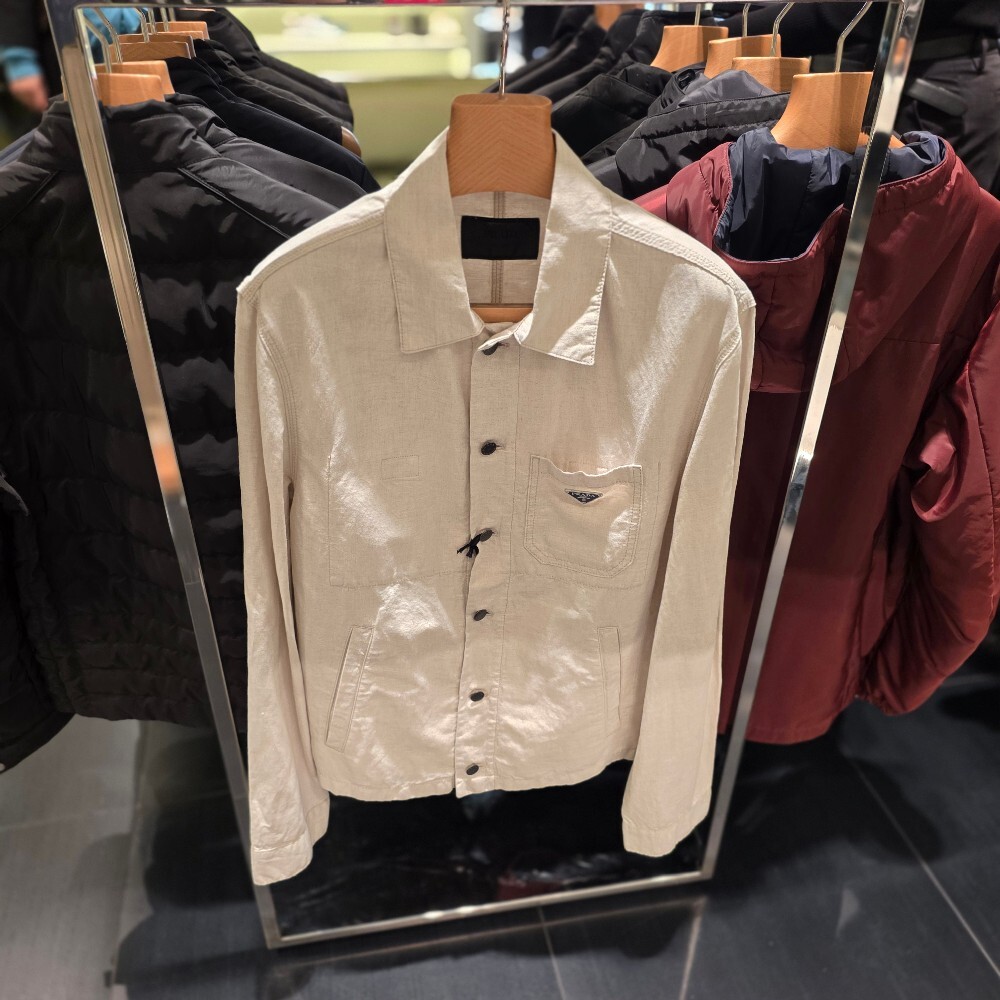 [아울렛] 프라다 삼각로고 코튼 리넨 남성 블루종 자켓 GEB254