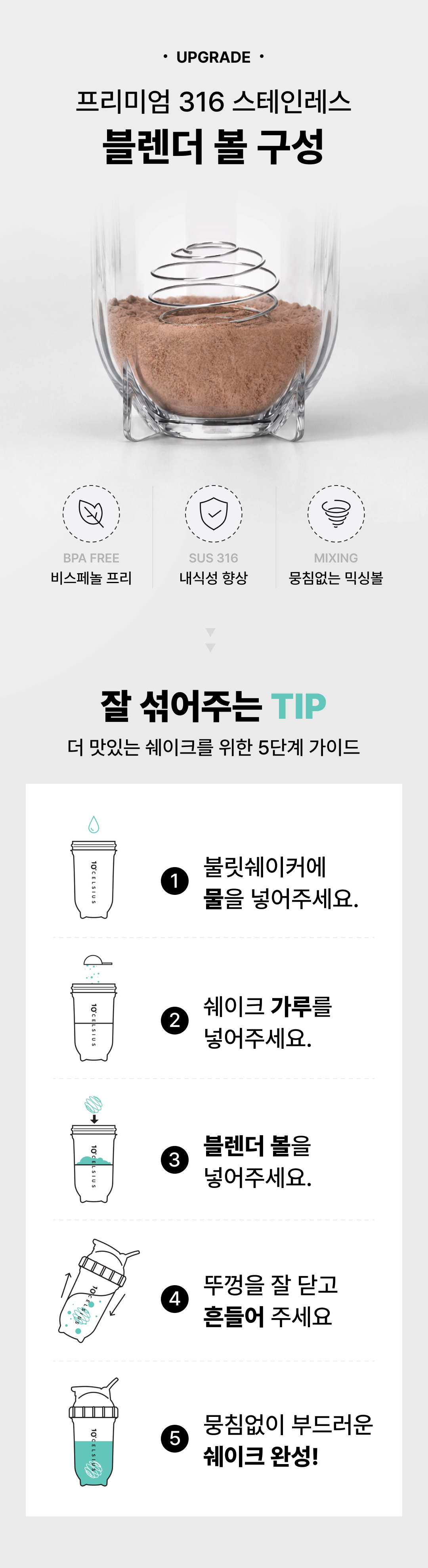 프리미엄316스테인레스 블렌더볼구성,내식성향상,뭉침없는믹싱볼, 잘섞어주는tip
