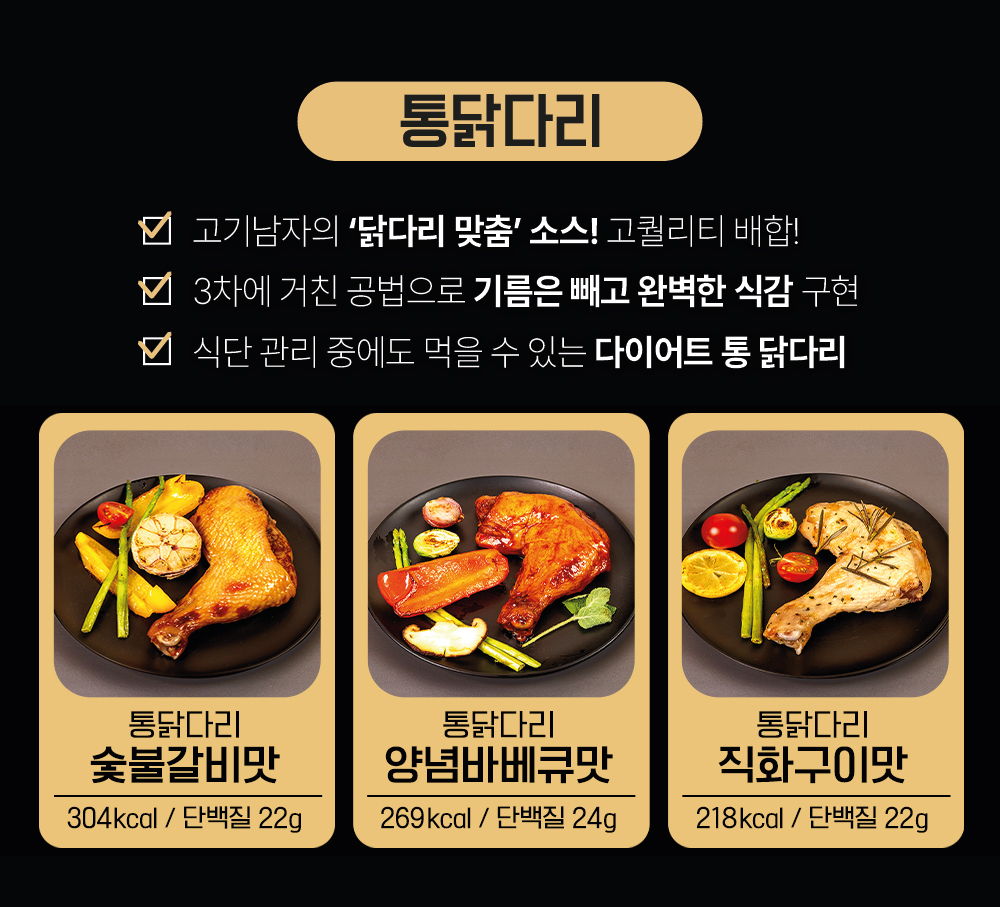 통닭다리 제품 소개 및 특징 : 통닭다리 고기남자의 닭다리 맛춤 소식! 고칼로리 배험! 3차에 거친 공법으로 기름은 빼고 완벽한 식감 구현 식단 관리 중에도 먹을 수 있는 다이어트 통 닭다리