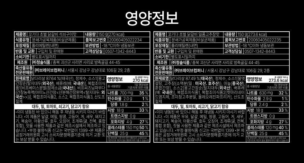 두 가지 제품의 영양 정보 라벨 : 영양정보 제품명 내용량 제조원 유통기한 원재료명 영양성분