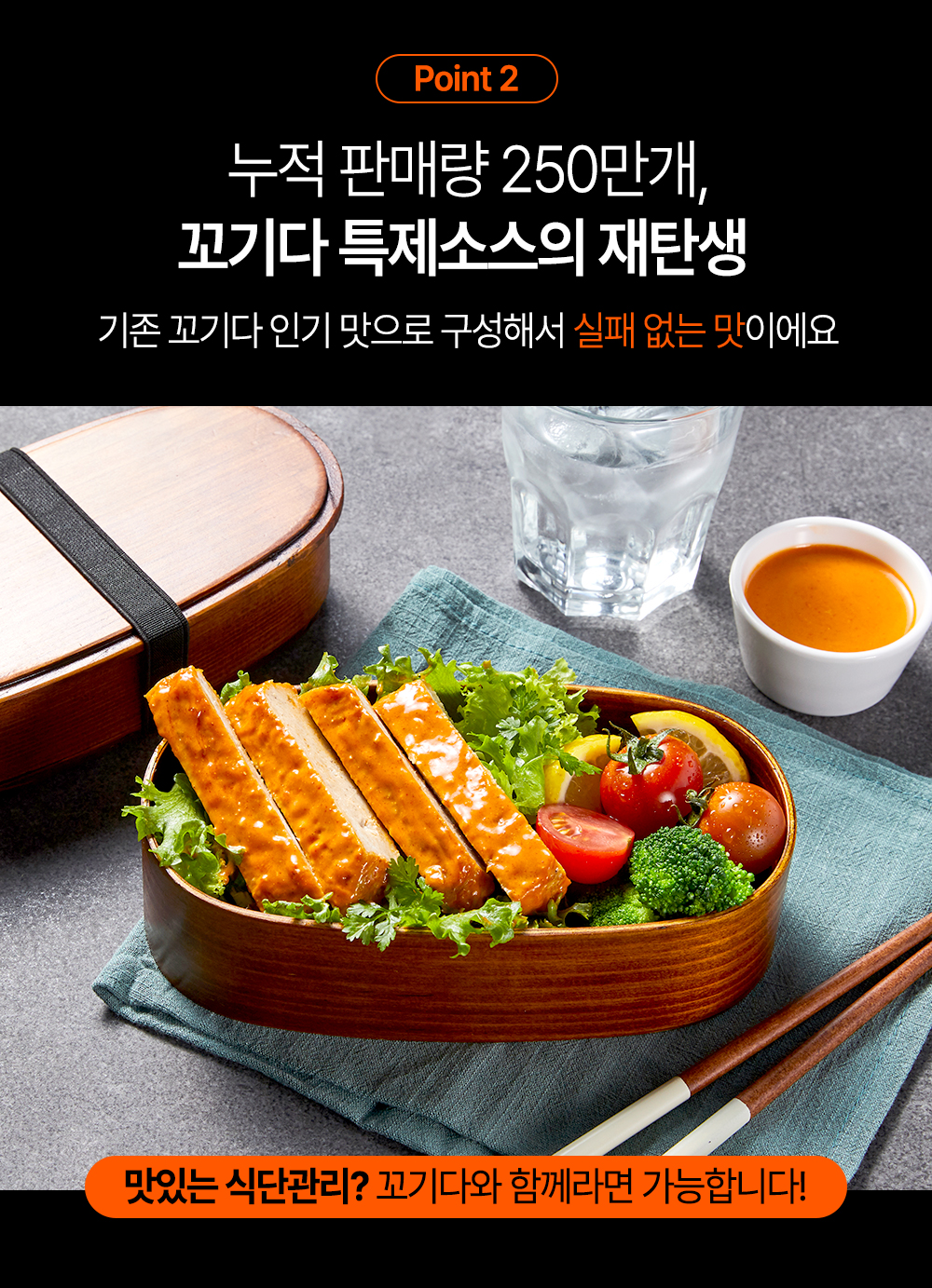 꼬기다 특제소스로 맛있는 도시락 소개 : Point 2 누적 판매량 250만개, 꼬기다 특제소스의 재탄생 기존 꼬기다 인기 맛으로 구성해서 실패 없는 맛이에요 맛있는 식단관리? 꼬기다와 함께라면 가능합니다!