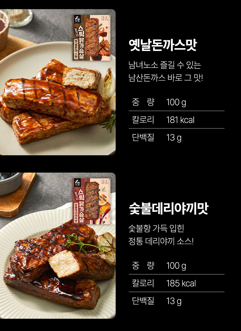 스테이크 형태의 식물성 고기 제품 소개 : 옛날돈까스맛 숯불데리야끼맛 중량 100g 칼로리 181kcal 185kcal 단백질 13g