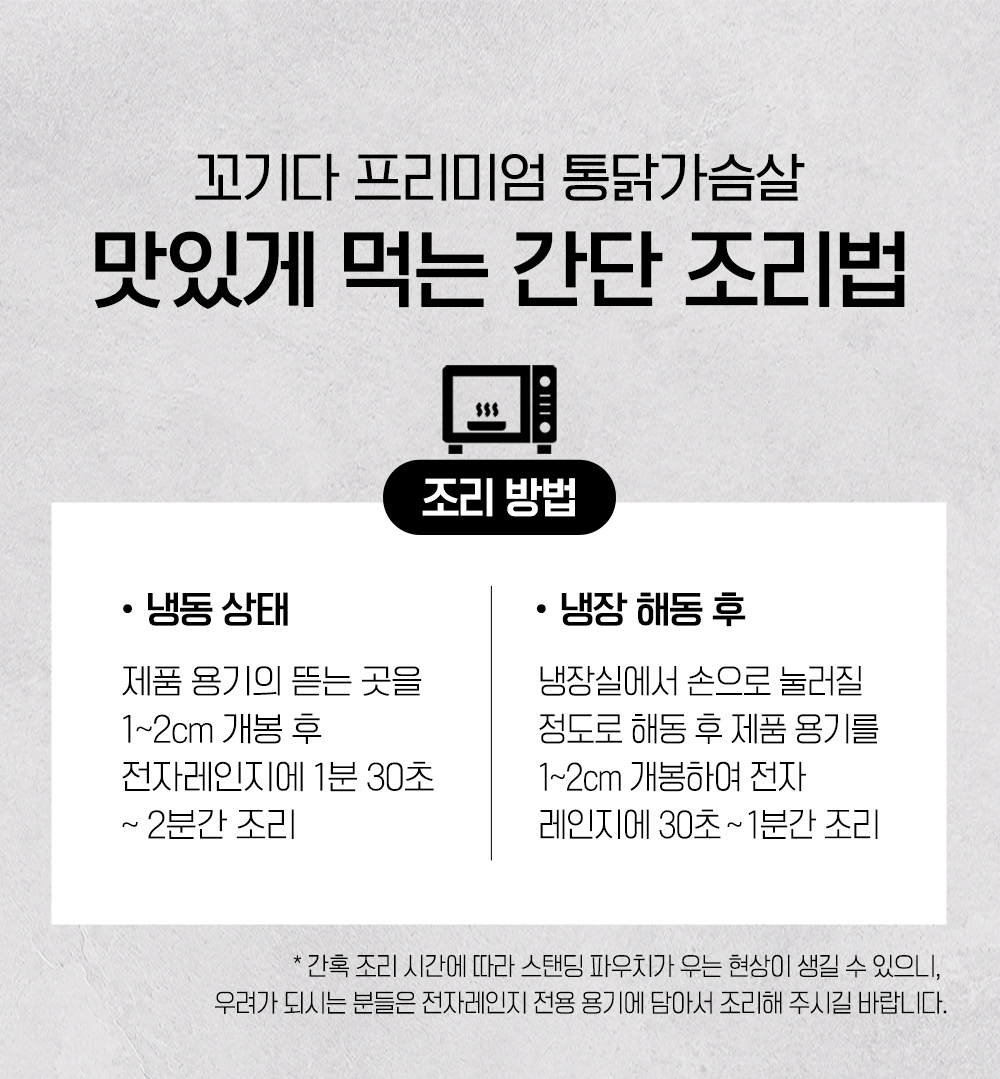 전자레인지를 이용한 간단 조리법 안내 : 꼬기다 프리미엄 통닭가슴살 맛있게 먹는 간단 조리법 조리 방법 냉동 상태 냉장 해동 후