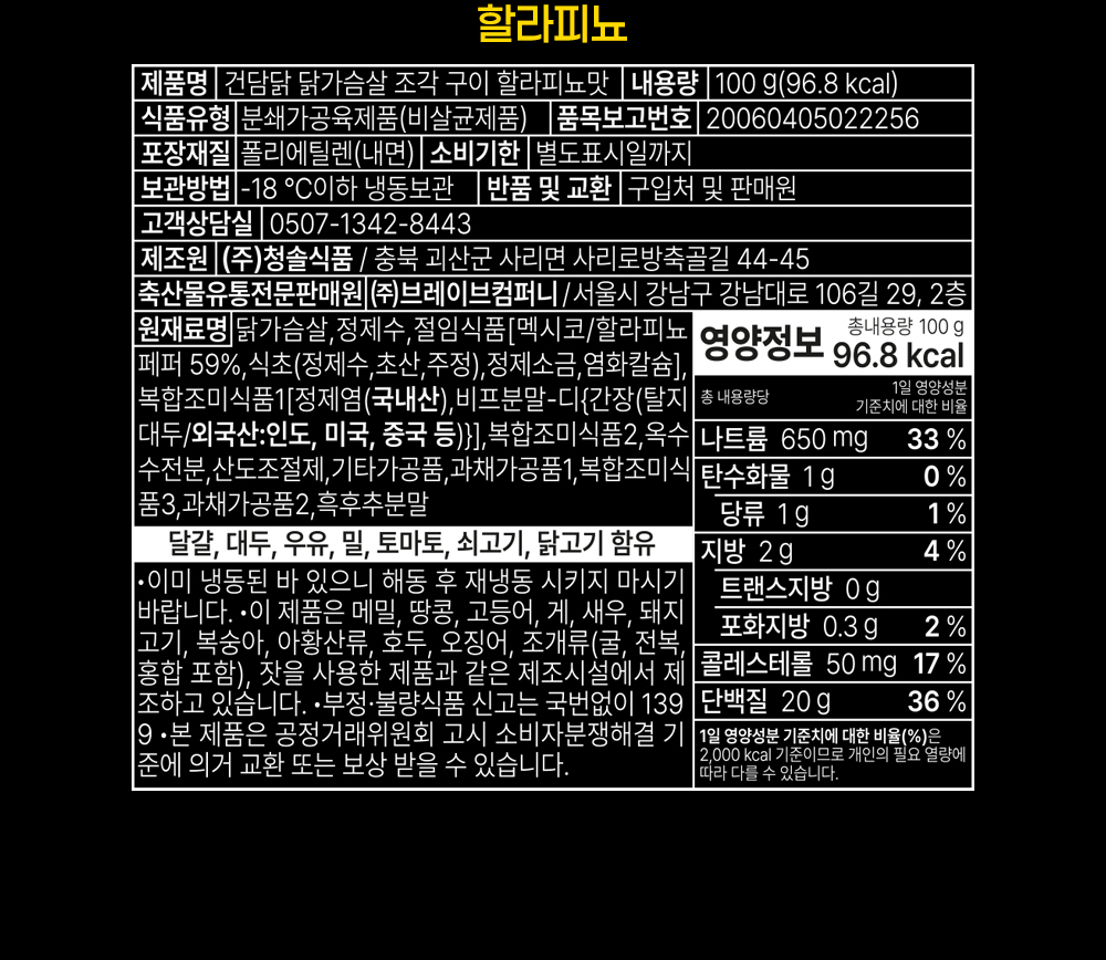 할라피뇨 제품 영양 정보 및 성분 표시 라벨 : 할라피뇨 제품명: 겉단딸 닭가슴살 조각 구이 할라피뇨맛