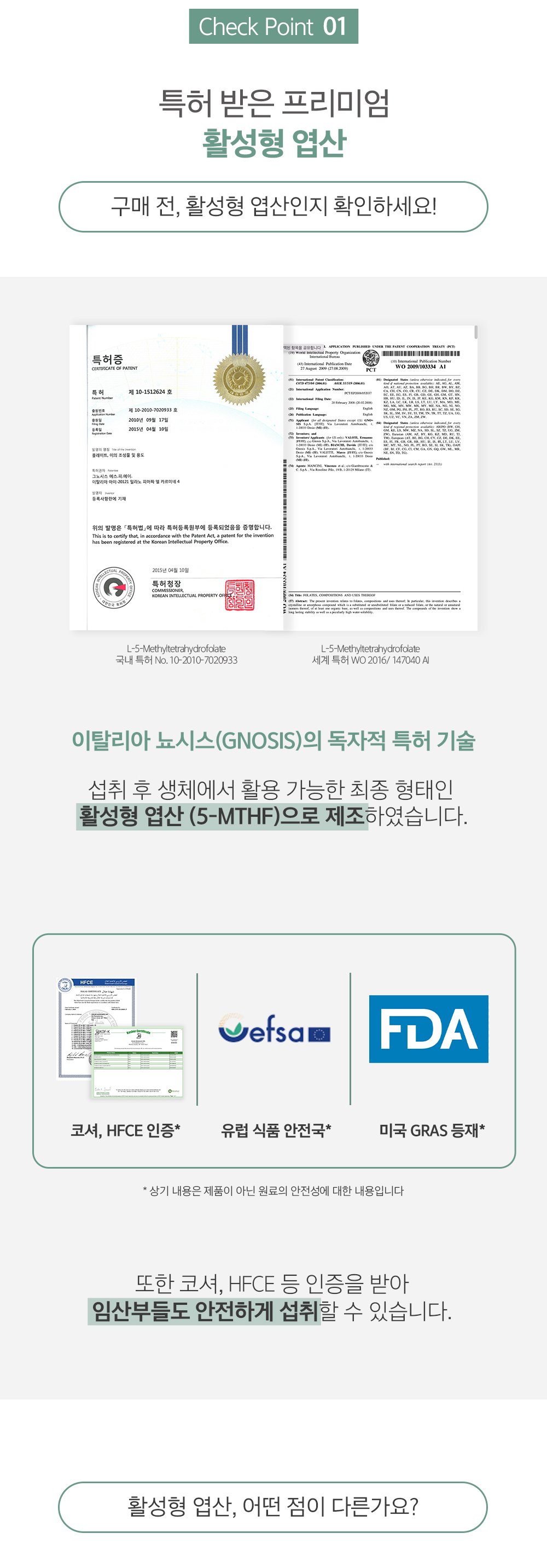 활성형 엽산 특허와 안전성 인증 정보 : Check Point 01 특허 받은 프리미엄 활성형 엽산 구매 전, 활성형 엽산인지 확인하세요!