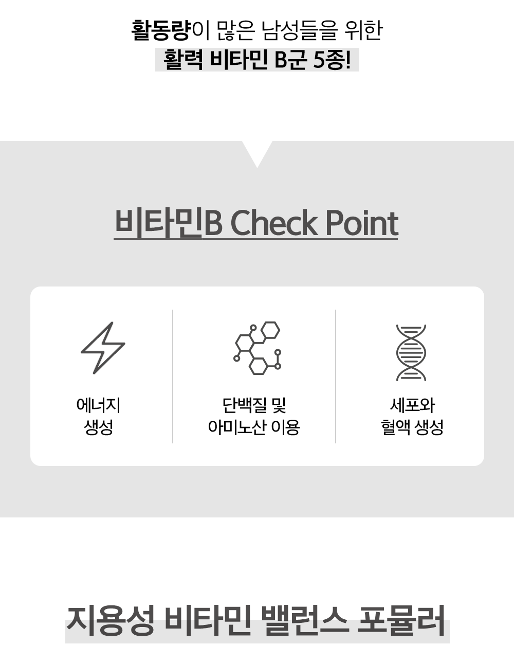 활동량이 많은 남성을 위한 비타민 B군 제품 소개 : 활동량이 많은 남성들을 위한 활력 비타민 B군 5종! 비타민B Check Point 에너지 생성 단백질 및 아미노산 이용 세포와 혈액 생성 지용성 비타민 밸런스 포뮬러