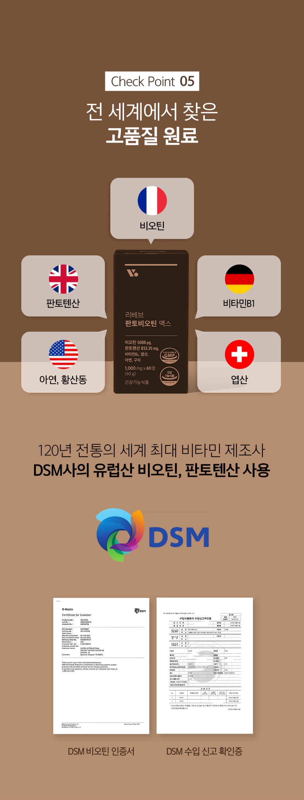 DSM사의 고품질 원료 사용을 강조하는 제품 홍보 이미지 : Check Point 05 전 세계에서 찾은 고품질 원료 DSM사의 유럽산 비오틴, 판토텐산 사용