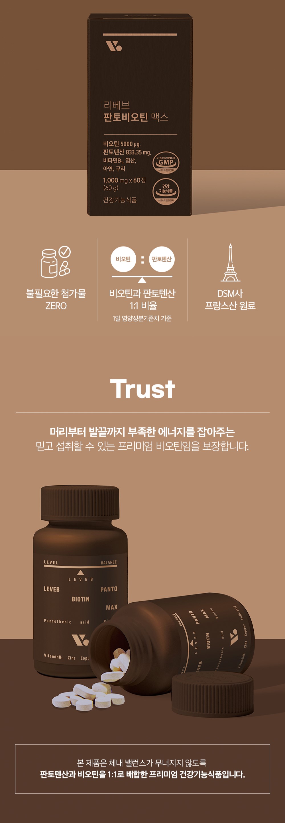 리베브 판토비오틴 맥스 건강기능식품 광고 : 리베브 판토비오틴 맥스 비오틴 5000μg 판토텐산 833.35mg GMP 불필요한 첨가물 ZERO Trust 머리부터 발끝까지 부족한 에너지를 잡아주는 믿고 선택할 수 있는 프리미엄 비오틴입을 보장합니다