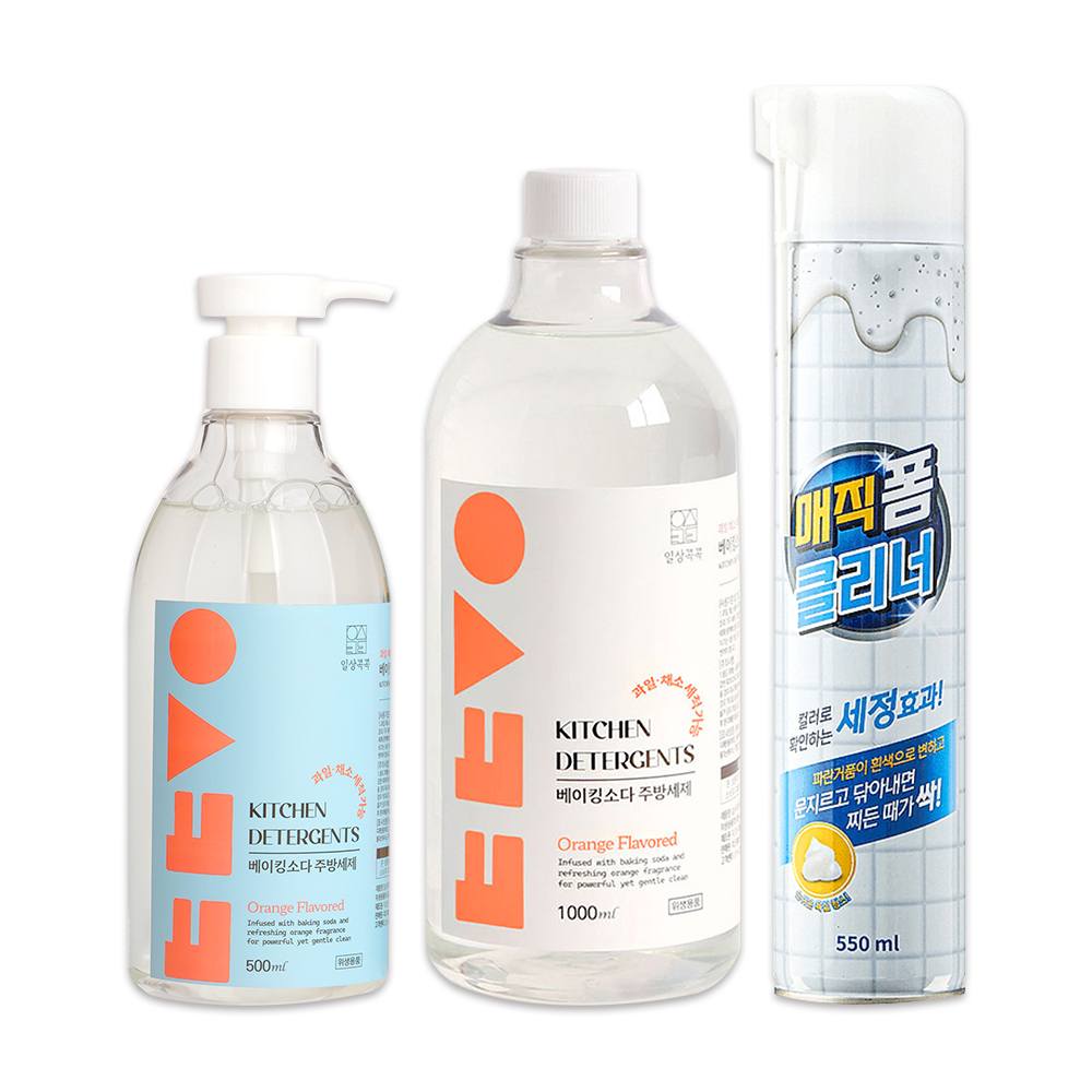 일상콕콕 베이킹소다 주방세제 본체 오렌지향 500ml 1개 + 리필 1000ml 1개 + 매직폼 클리너 멀티 세정제 550ml 증정