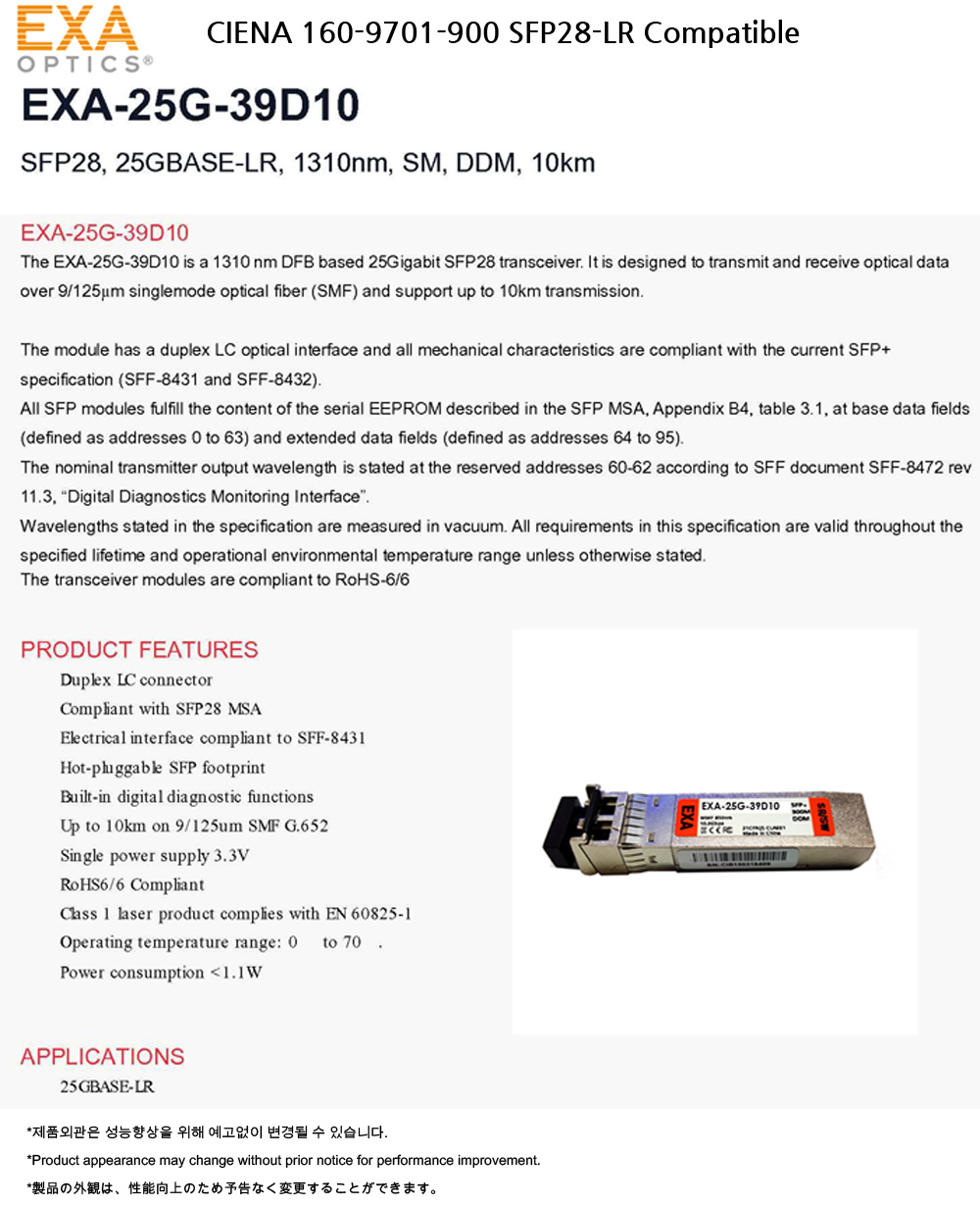 CIENA 25G SFP28 LR 10km 호환광모듈