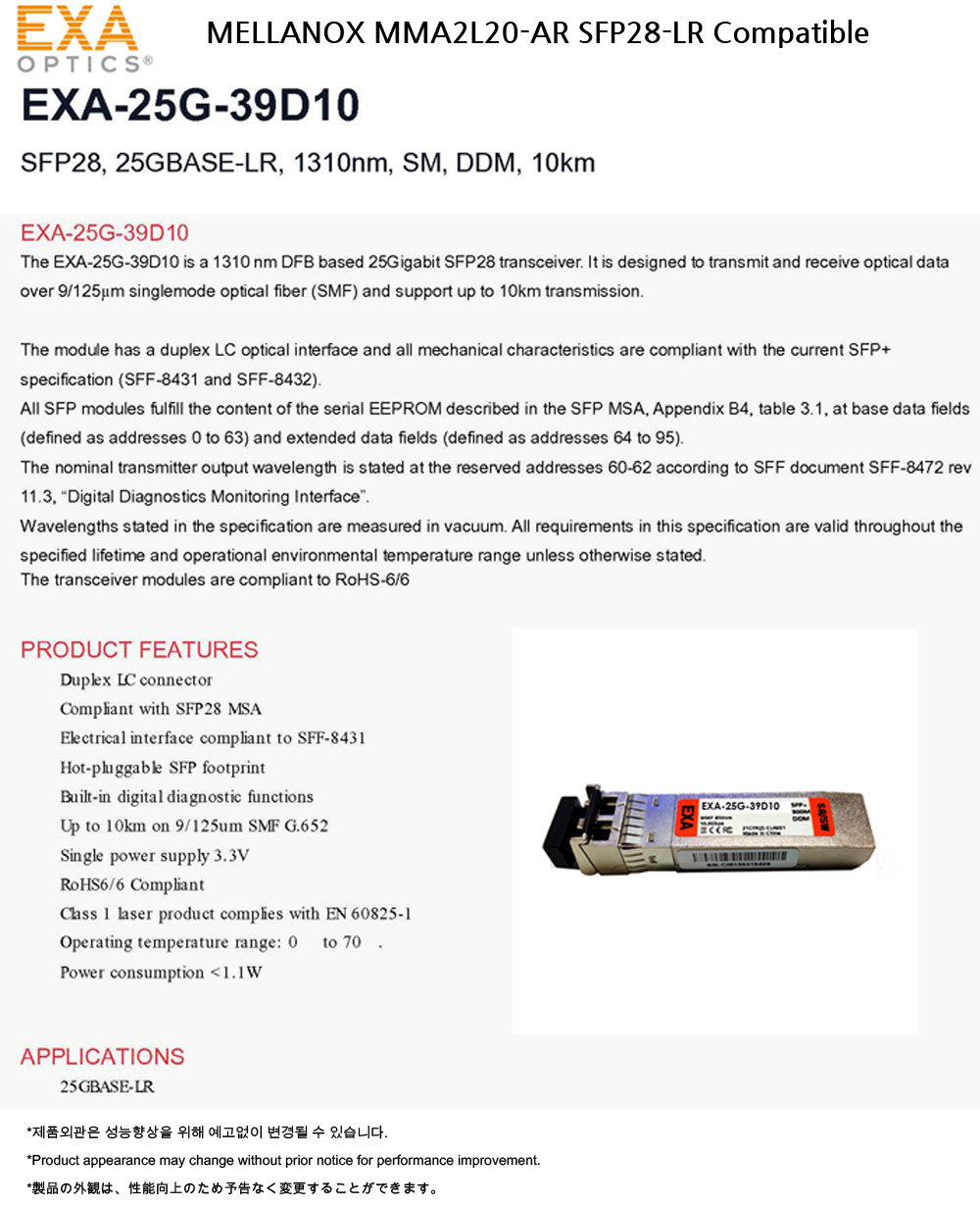 Mellanox SFP28 LR MMA2L20-AR 10km 호환광모듈