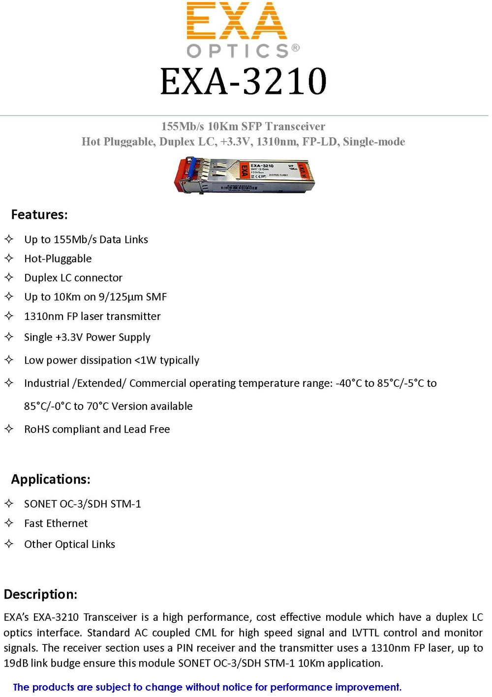 [EXA] 155M SFP, 100Base-LX, 10km,EXA-3210