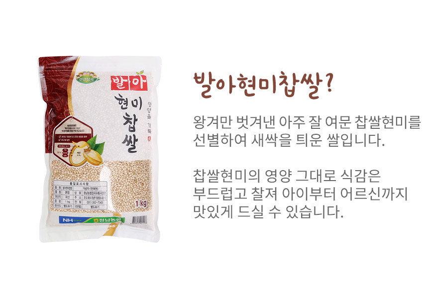 발아현미찹쌀은 왕겨만 벗겨낸 찹쌀현미를 선별하여 싹을 틔운 잡곡입니다