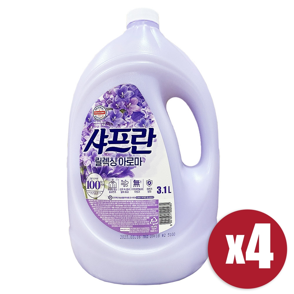 [LG생활건강] 샤프란 릴렉싱 아로마 3.1L x 4 실내건조 섬유유연제 더마테스트
