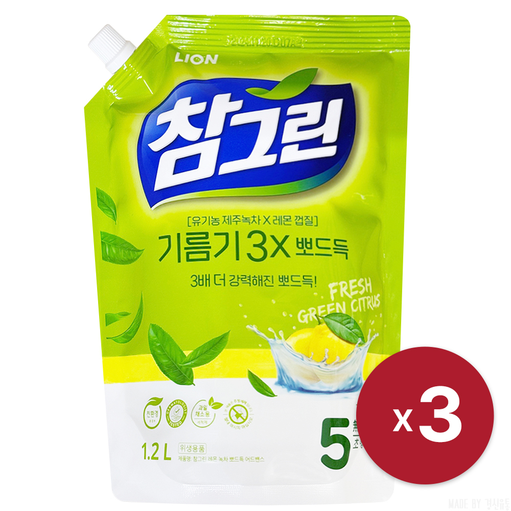 [라이온코리아] 참그린 녹차 주방세제 리필 1.2L x 3