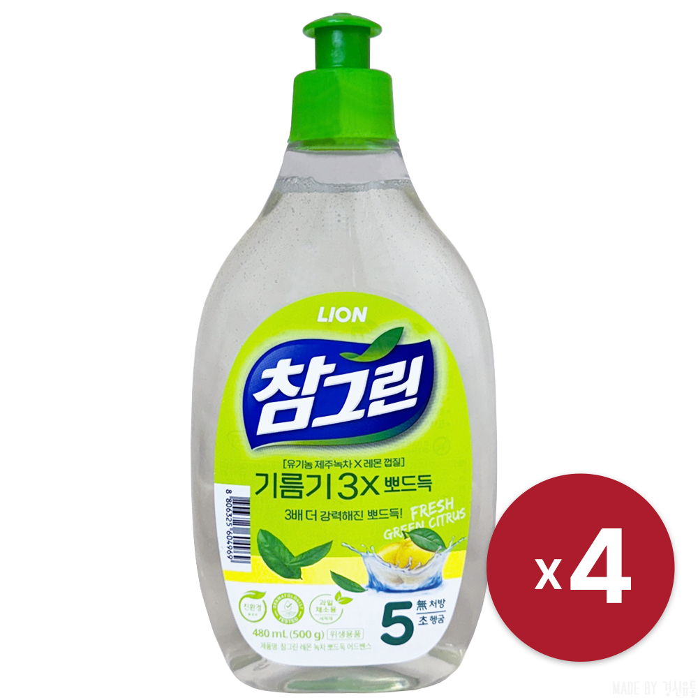 [라이온코리아] 참그린 녹차 주방세제 용기 500g x 4