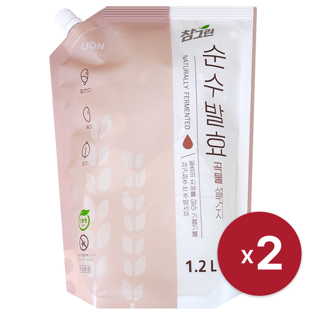 [라이온코리아] 참그린 순수발효 곡물 주방세제 리필 1.2L x 2