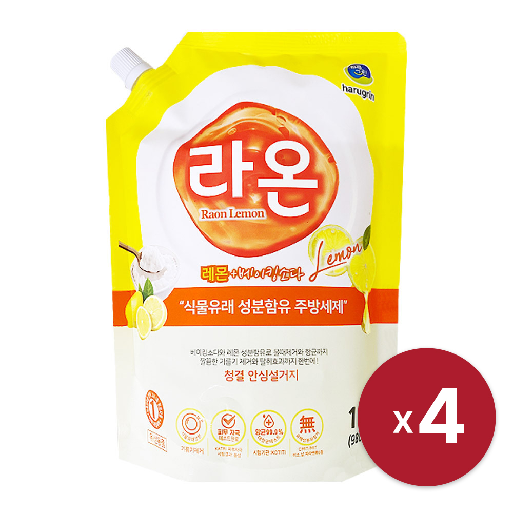 [하루그린] 라온 주방세제 레몬 용기 980ml x 4