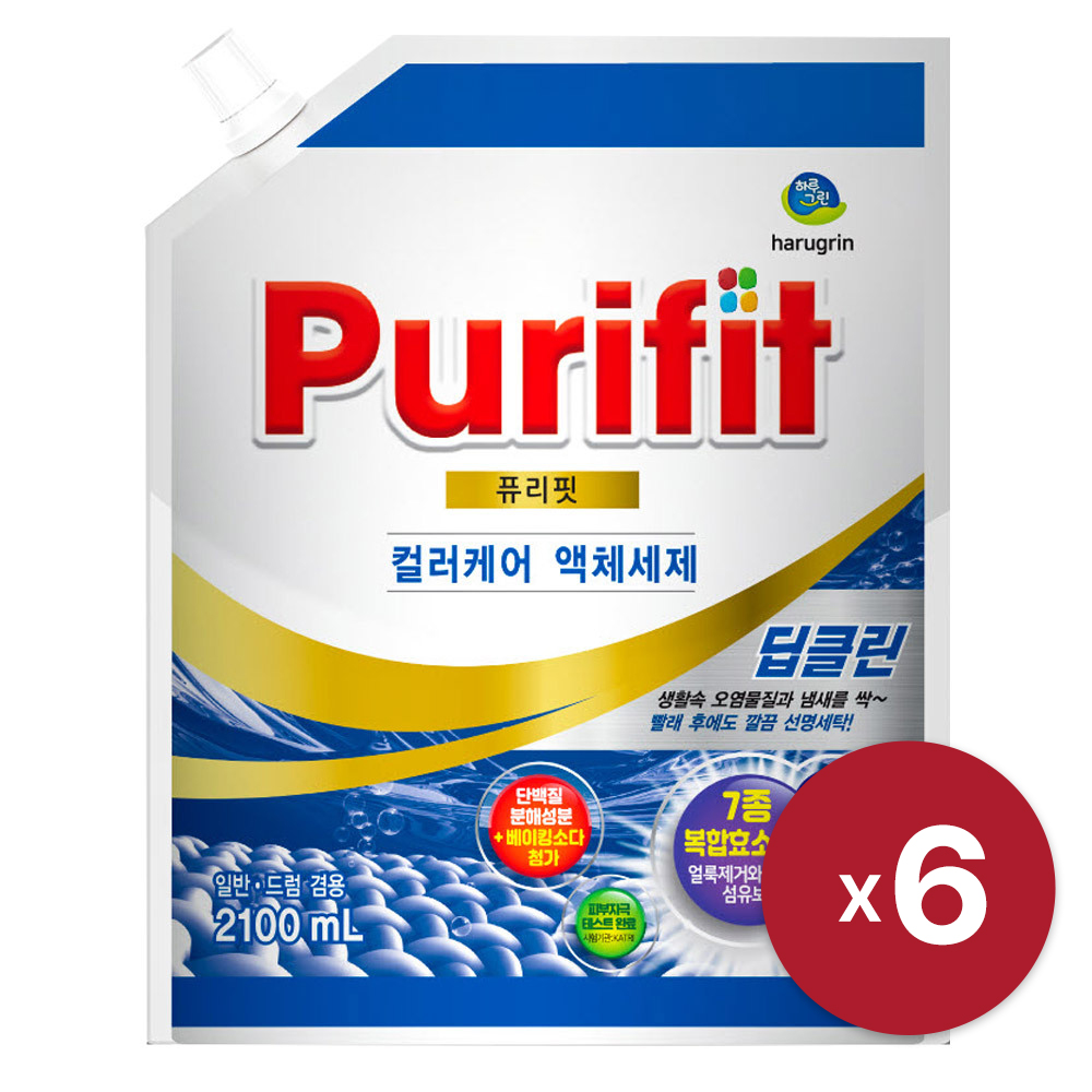[퓨리핏] 딥클린 컬러케어 항균세탁 액체세제 2.1L x 6 일반 드럼 겸용