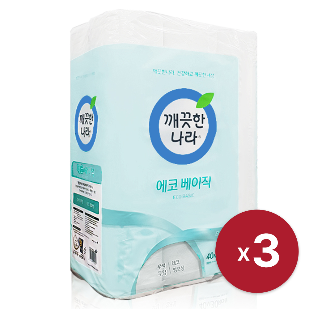 [깨끗한나라] 에코 베이직 40m 2겹 30롤 x 3 데코 엠보싱 무색 무향