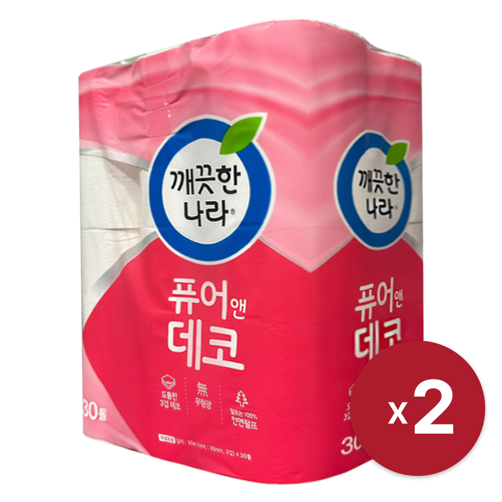 [깨끗한나라] 퓨어앤데코 순수 30m 3겹 30롤 x 2 도톰한 3겹 데코 무형광 천연펄프