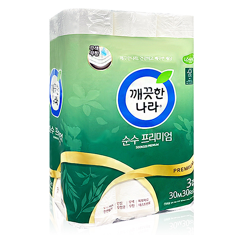 [깨끗한나라] 순수 프리미엄 30m 3겹 30롤 x 1 천연펄프 피부자극테스트