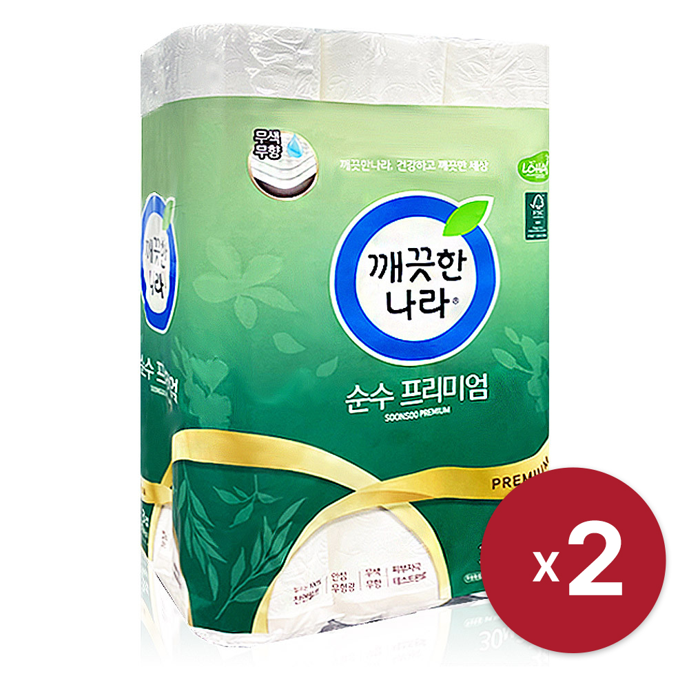 [깨끗한나라] 순수 프리미엄 30m 3겹 30롤 x 2 천연펄프 피부자극테스트