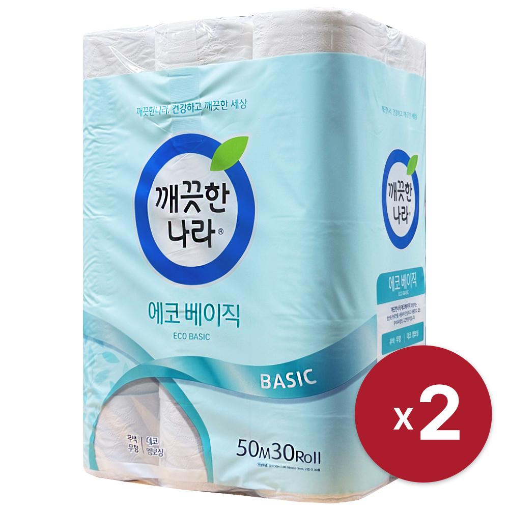 [깨끗한나라] 에코 베이직 50m 2겹 30롤 x 2 데코 엠보싱 무색 무향