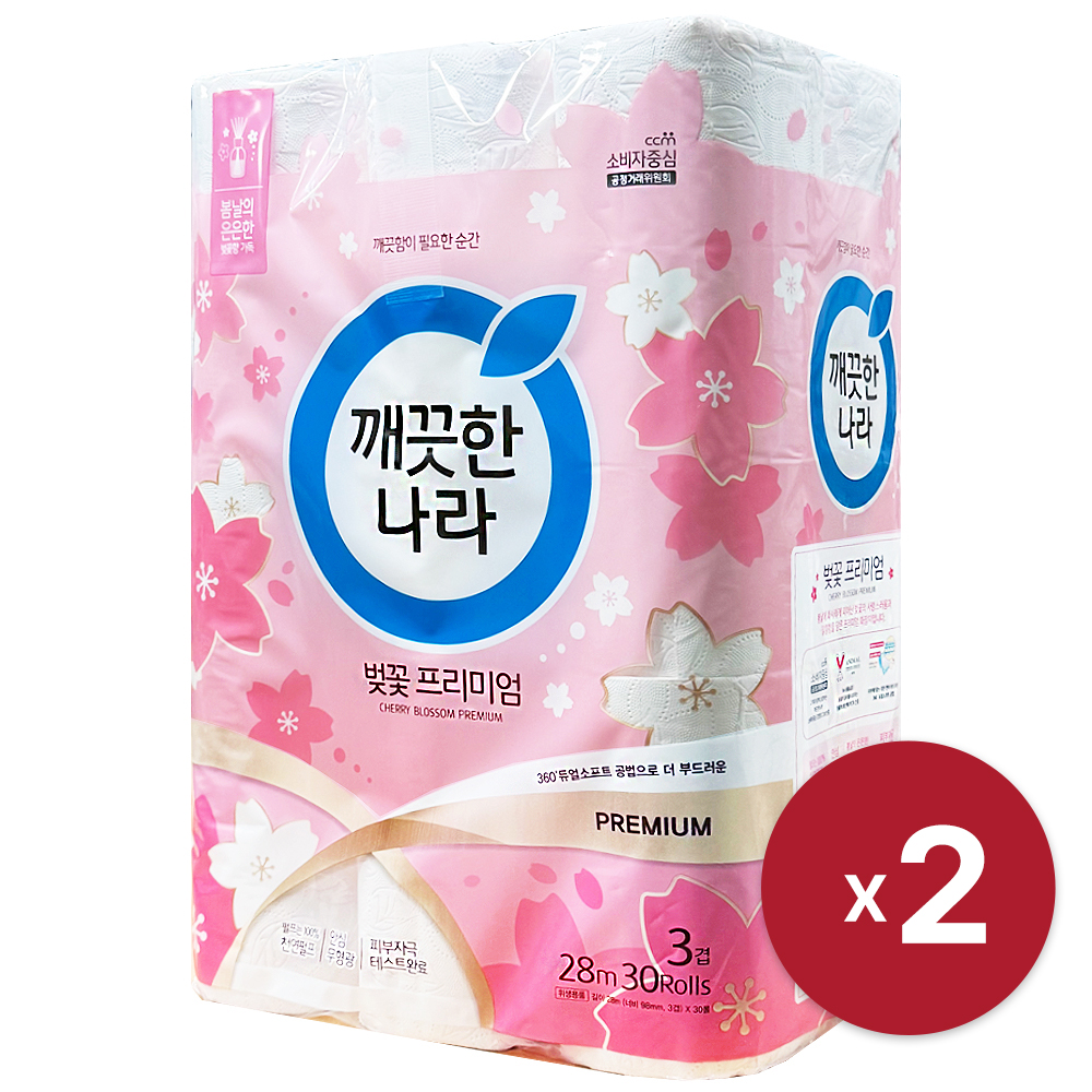 [깨끗한나라] 허브가든 벚꽃 28m 3겹 30롤 x 2 천연펄프 무형광 피부자극테스트
