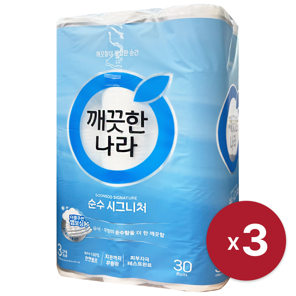 [깨끗한나라] 순수 시그니처 28m 3겹 30롤 x 3 더블쿠션 엠보싱 무색 무향
