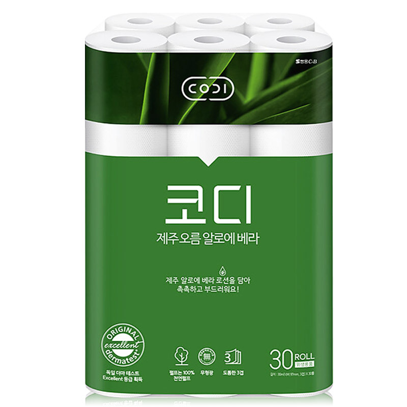 [코디] 제주 오름 알로에 베라 3겹 30m 30롤 x 1 천연펄프 무형광 더마테스트
