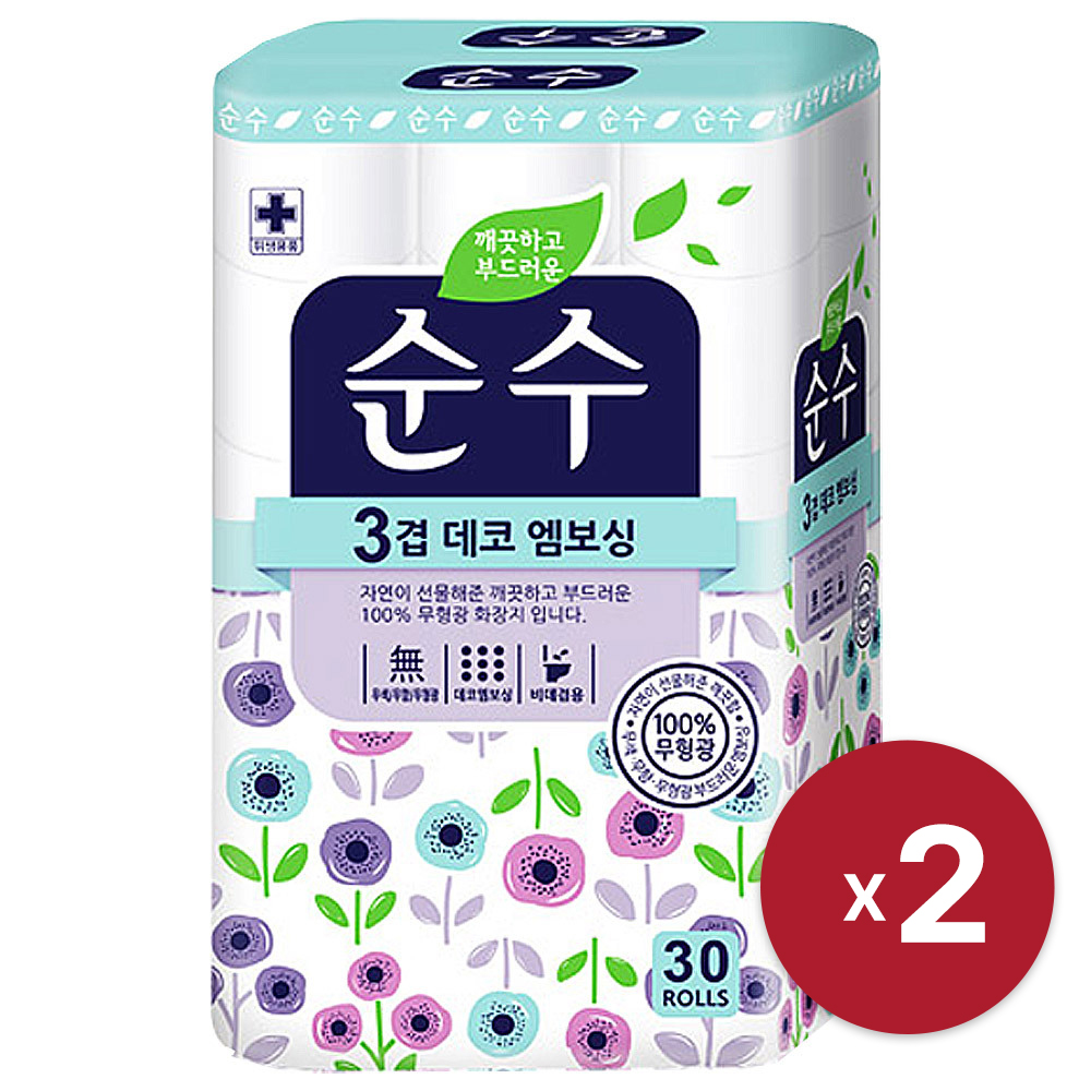 [깨끗] 깨끗 순수(무형광)화장지 16m 3겹 30롤 x 2 데코엠보싱