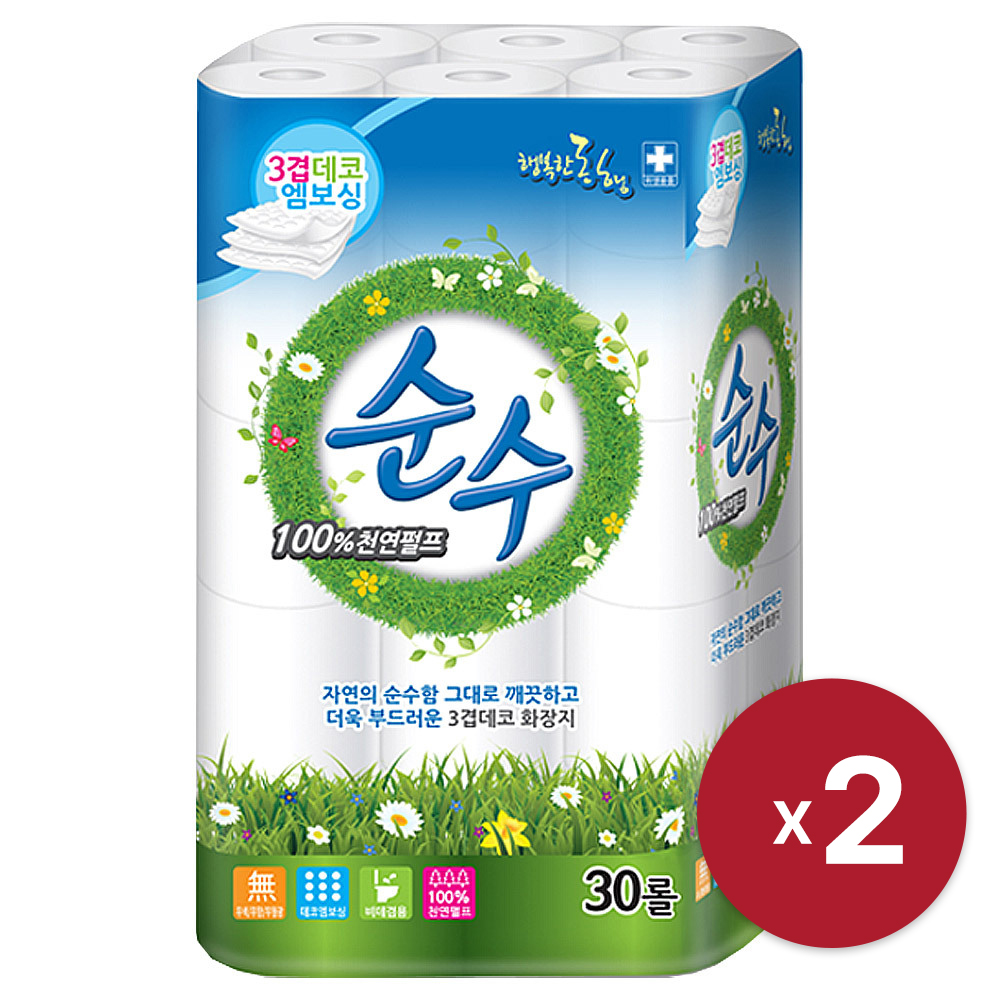 [행복한동행] 행복한동행 순수 천연 20m 3겹 30롤 x 2 천연펄프 데코엠보싱