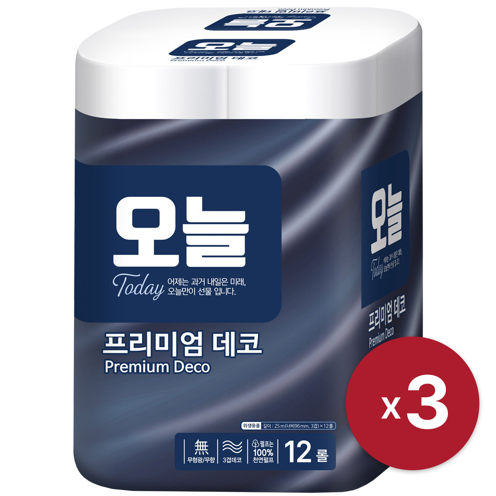 [오늘] 오늘 프리미엄 데코 천연 25m 3겹 12롤 x 3 천연펄프 무형광 무향 