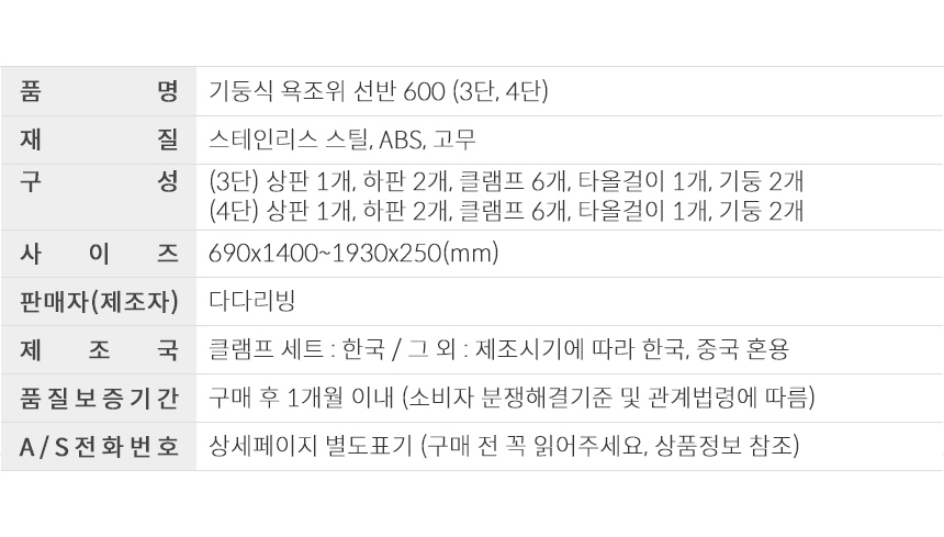 다다리빙 기둥식 욕조위 선반 600 4단_(2238067) 상세 이미지 19