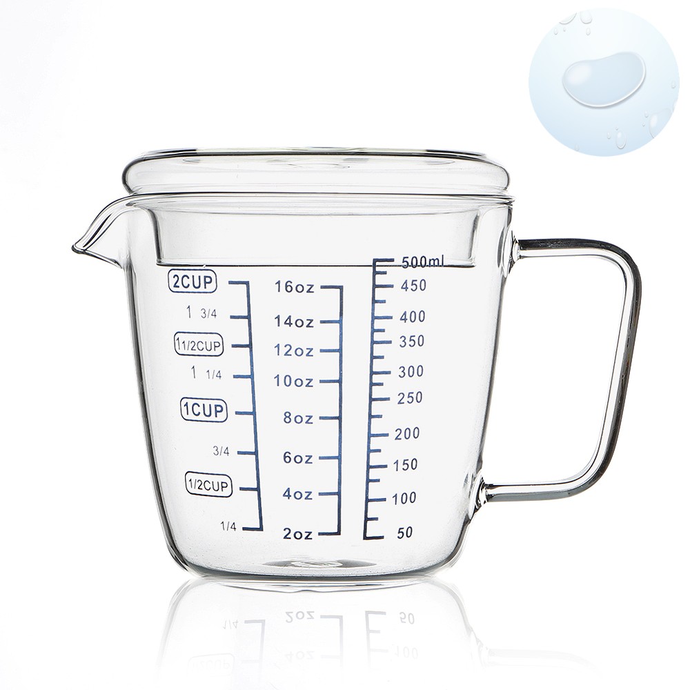 Oce 뚜껑 손잡이 유리 눈금 컵 500ml 계량 비커 measuring cup 제빵 유리컵