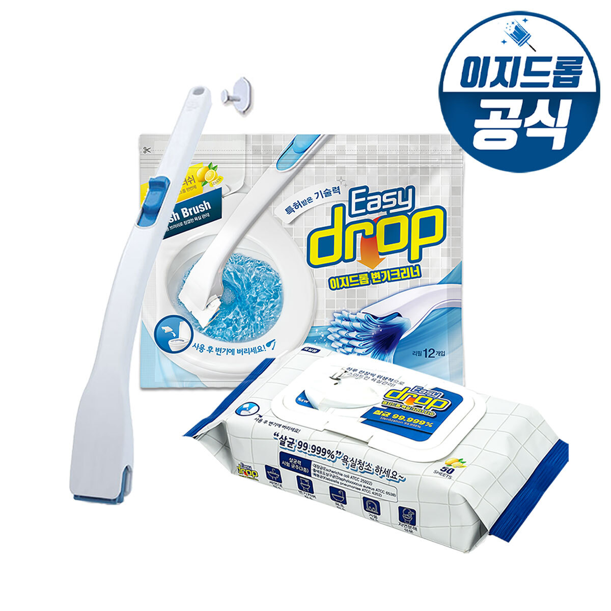 이지드롭 변기크리너 블루핸들 1개+리필1팩(12개입)+욕실크리너 티슈 1팩(50매입)