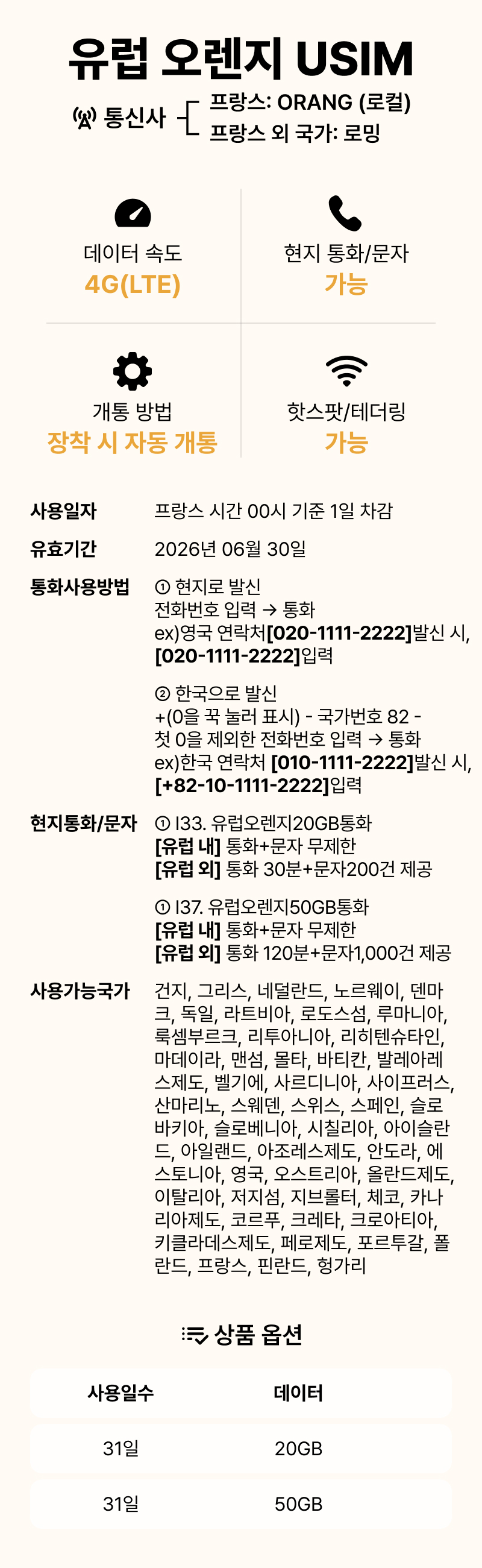 유럽오렌지8GB통화/유심] 유럽오렌지/유심 프랑스 외 49개국