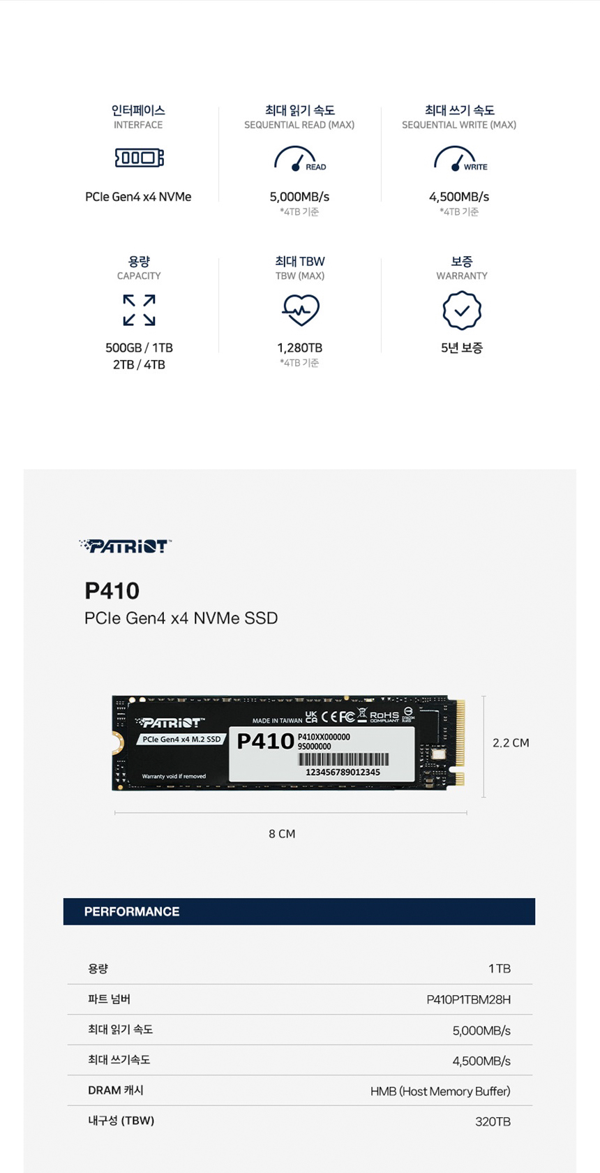 PATRIOT 패트리어트 P410 1TB M.2 NVMe SSD (GEN4 / QLC / 5년)