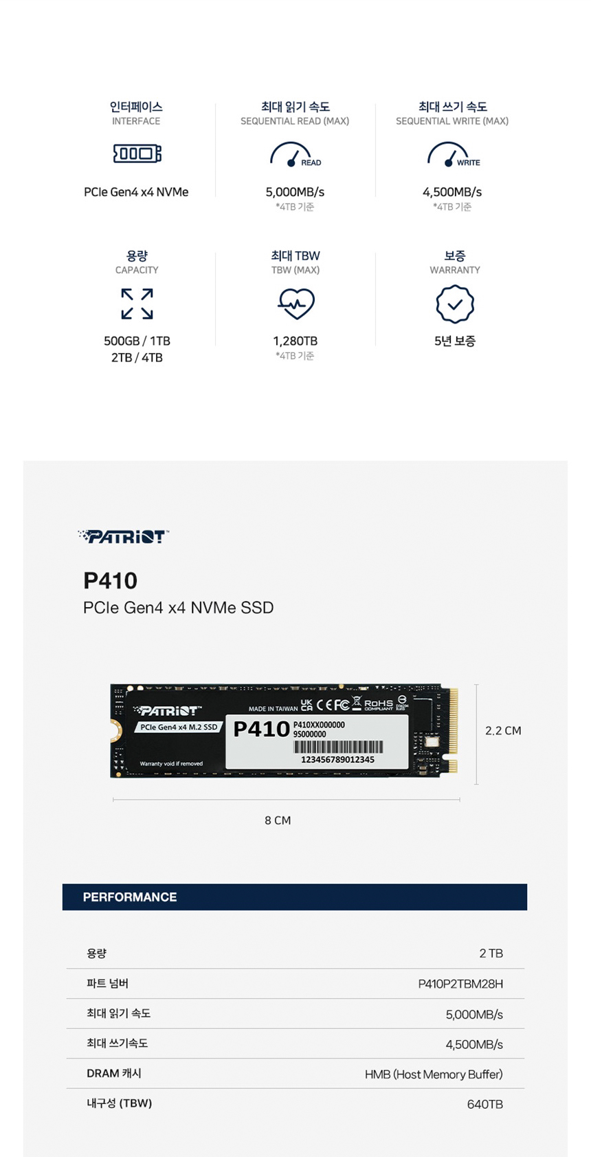PATRIOT 패트리어트 P410 2TB M.2 NVMe SSD (GEN4 / QLC / 5년)
