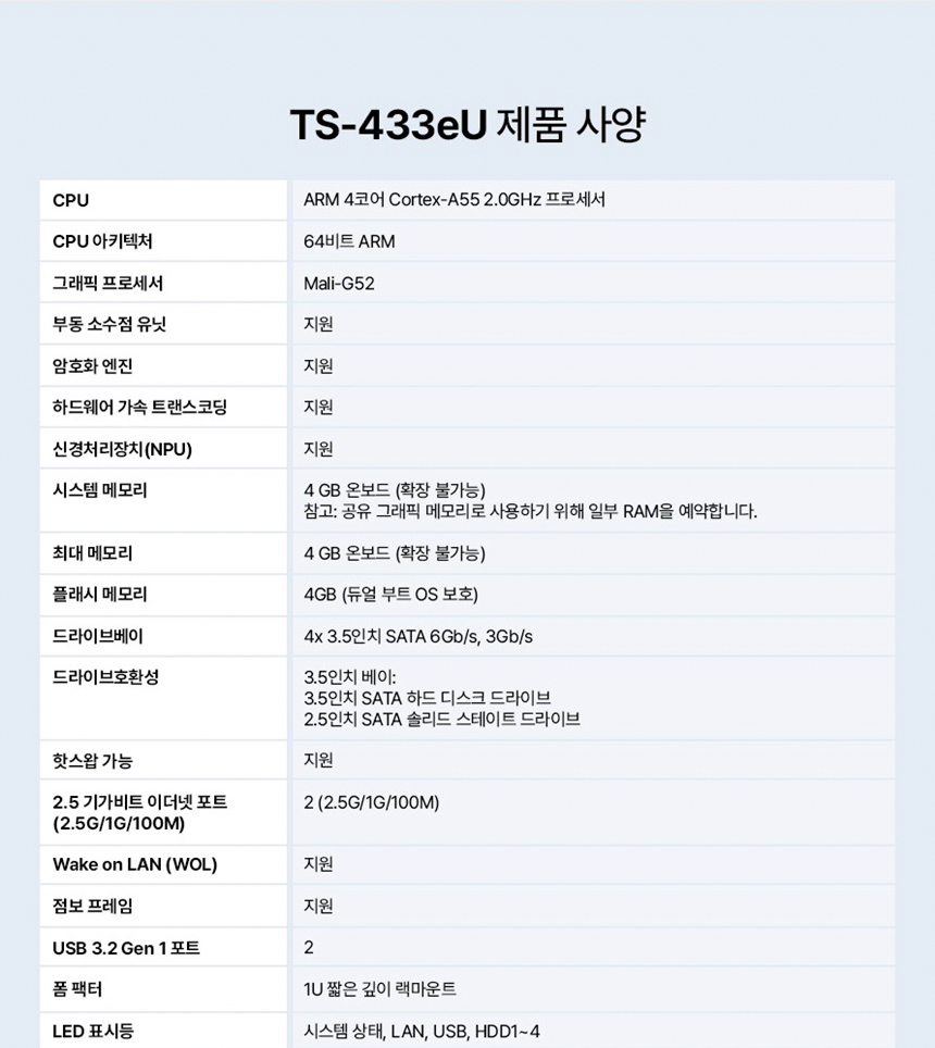 [큐냅] QNAP TS-433eU 4BAY NAS 랙마운트 [하드 미포함]