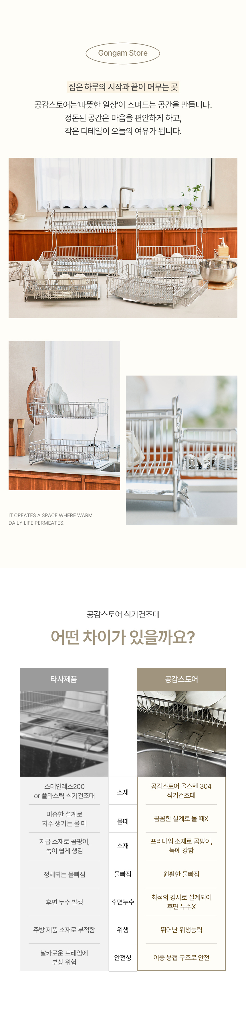 공감스토어 스텐304 자동물빠짐 간편설치 식기건조대 가로형 1단 상세 이미지 7
