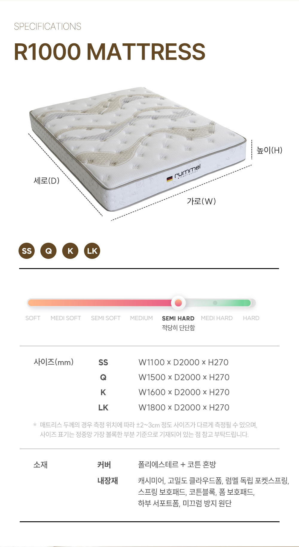 R1000 쾌적한 오가닉코튼 세미하드 독립스프링 매트리스 SS/Q/K/LK 상세 이미지 23