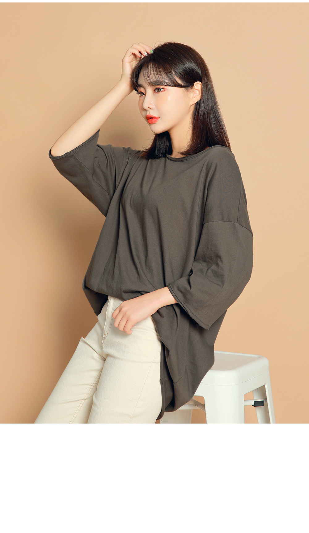 自然卷边八分袖宽松t恤