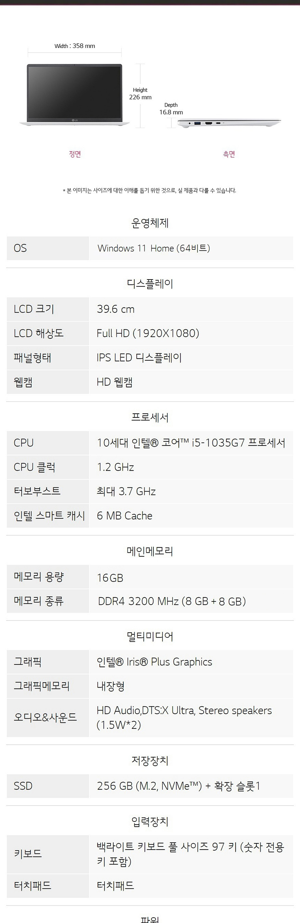 LG그램 15.6치 15Z90N / i5-1035G7 / 16G / 256G / 윈11 홈 / 업무용 + 인강용 추천