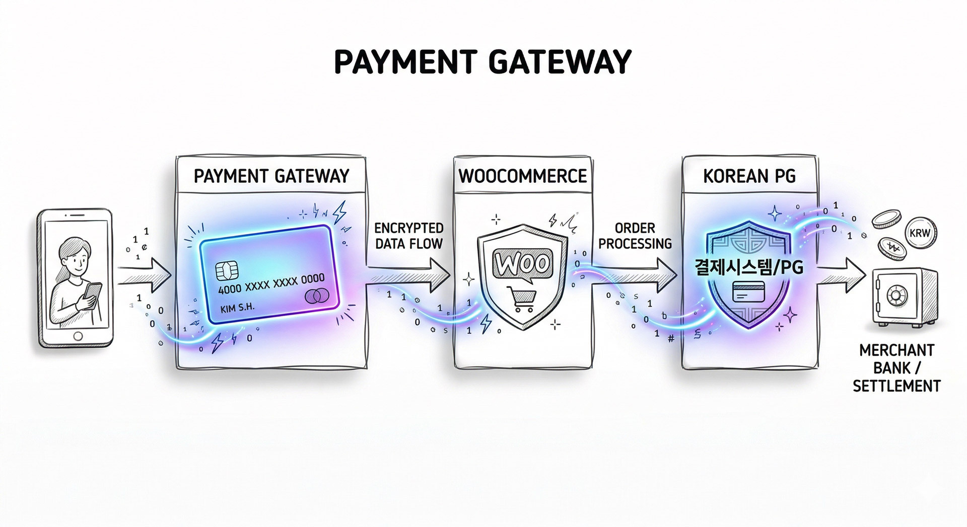 우커머스와 국내 PG사 결제 연동 과정을 설명하는 화이트톤 마법사톤 다이어그램 일러스트
