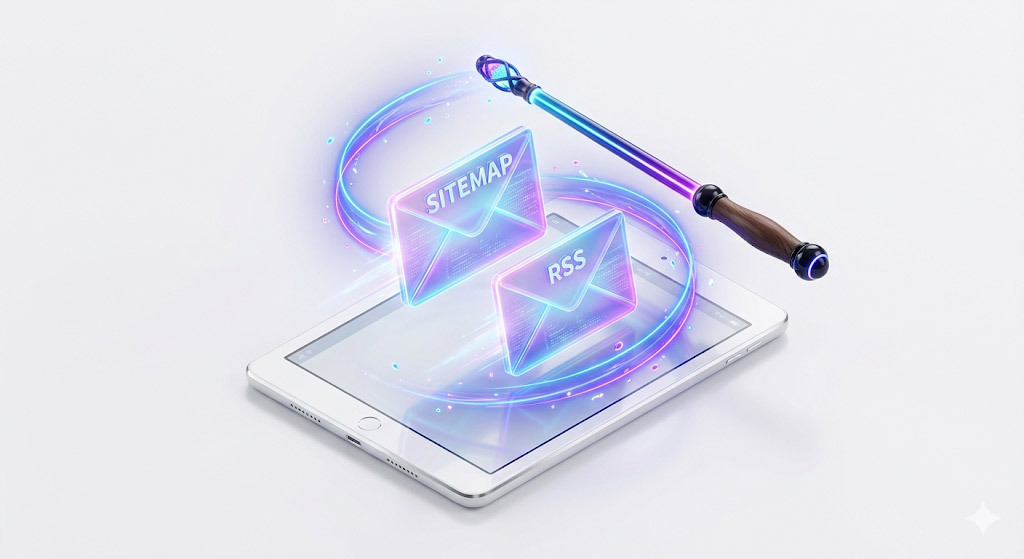 사이트맵과 RSS 피드를 검색엔진에 제출하는 밝은 배경 마법사톤 블루 퍼플 3D 일러스트